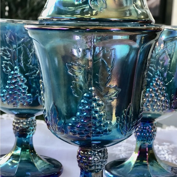 FOUR Vintage Colony by Indiana Glass Blue Harvest Carnival Glass Goblets MINT! - Picture 4 of 12